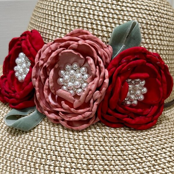 Elegant Women\'s Tweed Sun Hat With Satin Flowers And Pearls Special Event (NEW) main image 11